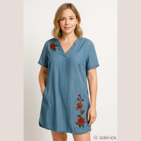 💋3/$30 Dec Blue Dress with Red Floral Embroidery - Picture 1 of 7